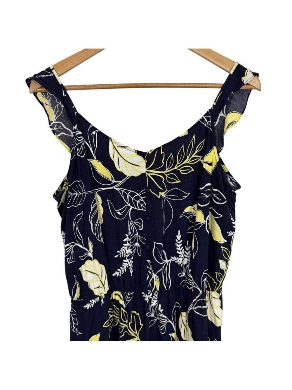 Reitmans Navy Leaf Print Sleeveless Maxi Dress Sz L Floral Tropical Classy EUC